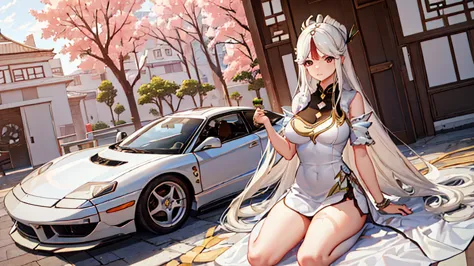 1girl, solo, full body, ningguang from genshin impact stands next to her white vintage Ferrari Testarossa, plain white backgroun...