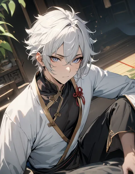 1 male, short hair, white hair, blue eyes, xiao clothes, (best quality,4k,highres,masterpiece:1.2), slightly muscular