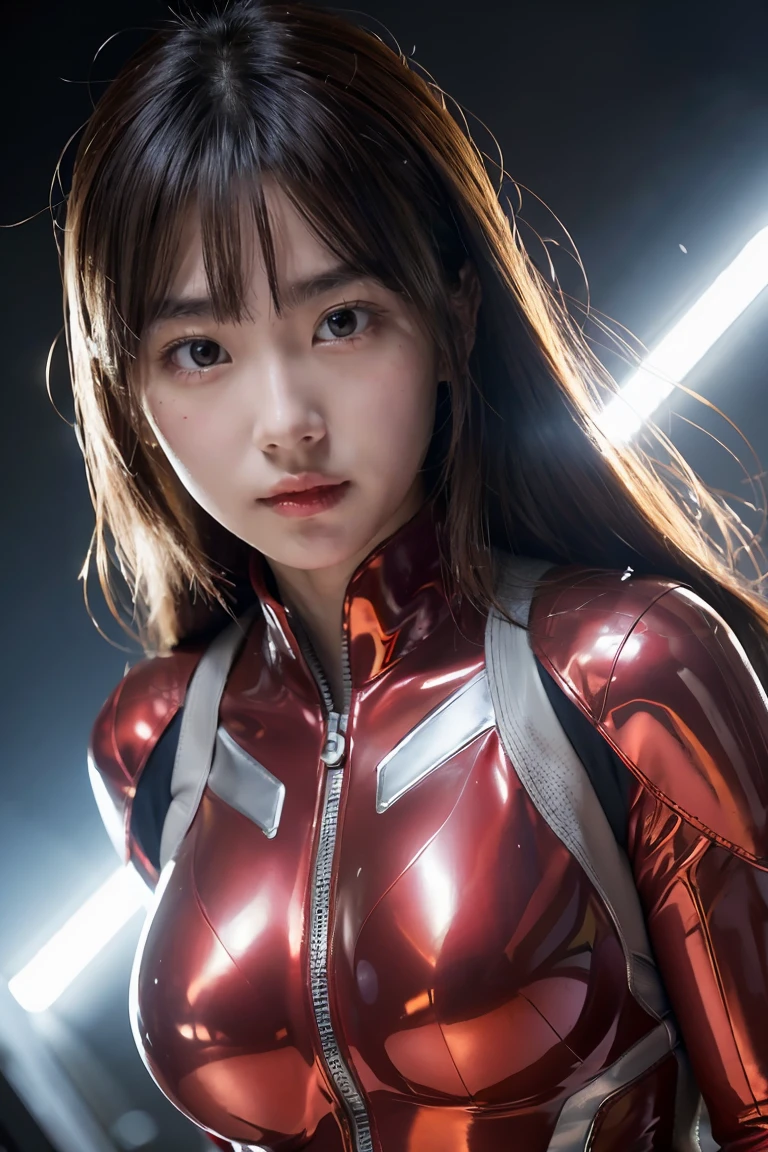 Ultraman、realistisch、realistisch、filmische Beleuchtung, Mädchen in einem glänzenden rot-silbernen Anzug、、professionelle Fotos、Don&#39;Setzen Sie Ihre Haut nicht dem direkten Sonnenlicht aus., japanisches Modell, japanische cgi、Ultraman-Anzug、, Power Rangers Anzug、enger und dünner Cyber-Anzug,Der ganze Körper ist gummiartig、Dort&#39;s pink Dort、 zarter Körper, große Brüste、kleiner Arsch、Dünne Oberschenkel、Dünne Arme、dünne Taille、Kamelzehe、Beide Seiten des Cyber-Anzugs haften auf der Haut、große Augen、schwarze kurze Haare、nach vorne gerichtet、nach vorne gerichtet立っている、In der Brust ist eine leuchtende Kugel eingelassen.、Aufsatzprüfung、 blauer himmel hintergrund