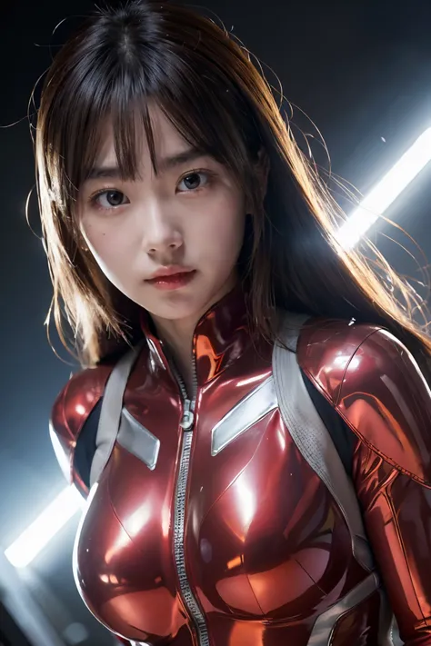Ultraman、realistic、realistic、cinematic lighting, Girl in a shiny red and silver suit、15 years old、professional photos、Don&#39;Do...