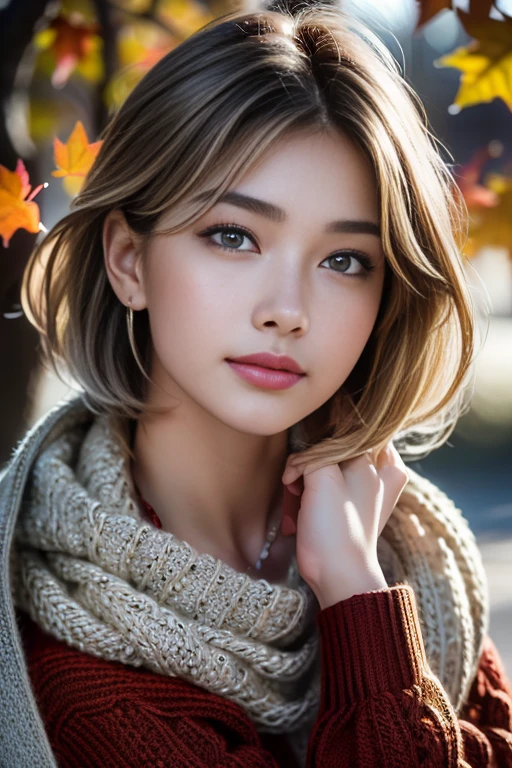 sitting on a park bench、((A sly pose)),(RAW shooting), (((Overall image)))、３５age、((A high-necked red knit sweater))、White scarf around neck、Long thin earrings、Round eyes、Cheek on ear、correct、make、smile、Biting the lower lip、Soft lips、誘惑的なsmile、Sparkle、Darker lipstick、Cheek on nose、(Autumn leaves)、((Watery eyes))、Asymmetrical Hair、Real Skin、Blonde Hair、Very realistic,Gray Hair、Messy Hair、Hair behind the ear、Floating Hair、Short Hair、Boyish Hair、Blunt bangs、Drop Shadow、Hyperrealism、Contemporary Art、shine、reflected light、Ultra Wide Angle、16K、Super detailed、最high quality、uhd、Anatomically correct、Awards、最high quality、Ultra high detail、high quality、High resolution、Textured skin、correct、masterpiece、((Cold Pose：1))、(((Shoot from different distances and angles:1.5)))、Super close-up of the face