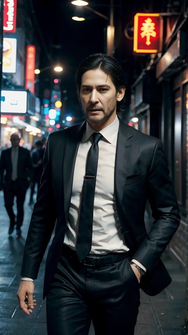 Symmetrical, High Detail RAW Color Photo Professional Photo, [:( High Detail Face: 1.2): 0.1], (lora:PJ DH), (Highest quality, Ultra HD, 16k, Masterpiece) Mahesh babu, portraying a character akin to John Wick, strides with purpose through the neon-lit streets of Tokyo at night. The shot is a close up view that captures him and the vibrant cityscape around him. He has a stoic and determined expression, his rugged features highlighted by subtle shadows and the glow of city lights. His hair is swept back, adding to his sharp and focused demeanor. He is dressed in a sleek, tailored suit that exudes both elegance and lethality. The suit, dark in color, fits him perfectly, accentuating his athletic physique. Underneath the jacket, he wears a crisp dress shirt with an open collar, revealing a hint of a tactical vest and holster harness underneath. His pants are tailored for movement, paired with polished leather shoes that reflect the city's lights with each step. Mahesh Babu holds a customized pistol in one hand, the weapon gleaming under the neon lights, held in a stylized and confident manner akin to John Wick's iconic pose. His other hand rests casually in his pocket, a subtle yet powerful gesture that adds to his aura of calm readiness. In the background, Tokyo's streets buzz with life, illuminated by a myriad of neon signs and bustling with a blend of traditional and modern architecture. The city skyline looms in the distance, a testament to its vibrant and dynamic atmosphere. The shot captures the essence of urban elegance and danger, with Mahesh Babu's presence as the focal point amidst the city's nocturnal energy. The lighting is cinematic, with contrasts that emphasize both the sharp lines of his attire and the depth of the urban backdrop. The overall scene encapsulates the essence of a modern-day warrior navigating a world where danger lurks around every corner, blending style with lethal precision. (((close up shot)))