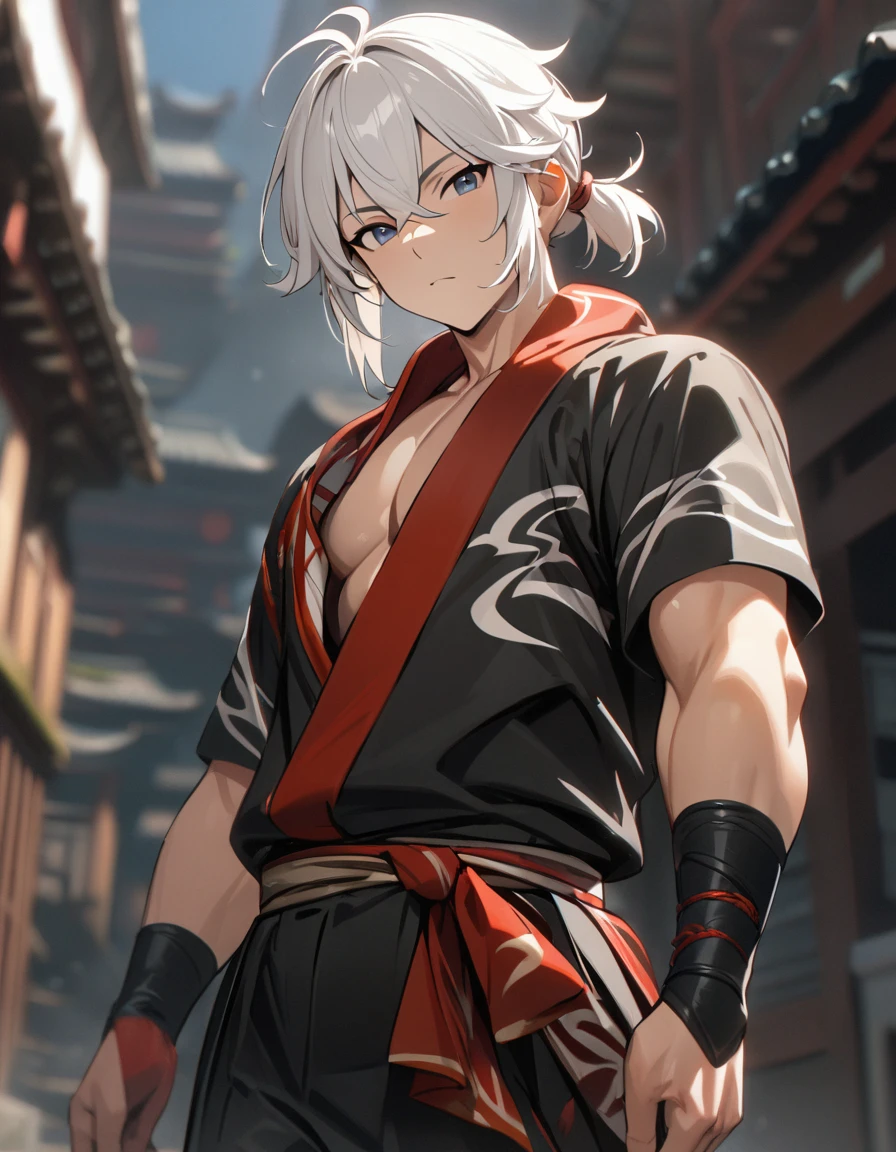 1 male, short hair, white hair, blue eyes, kazuha clothes, (best quality,4k,highres,masterpiece:1.2), slightly muscular