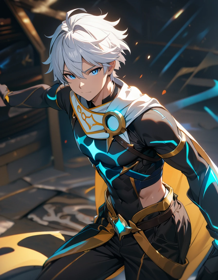 1 male, short hair, white hair, blue eyes, aether clothes, (best quality,4k,highres,masterpiece:1.2), slightly muscular