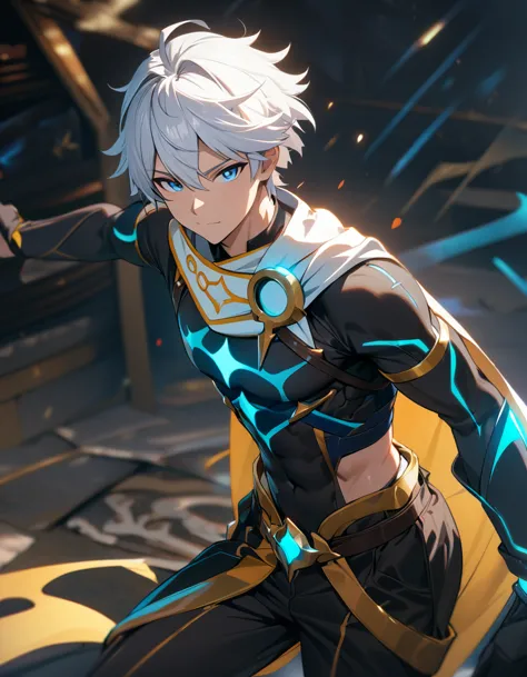 1 male, short hair, white hair, blue eyes, aether clothes, (best quality,4k,highres,masterpiece:1.2), slightly muscular