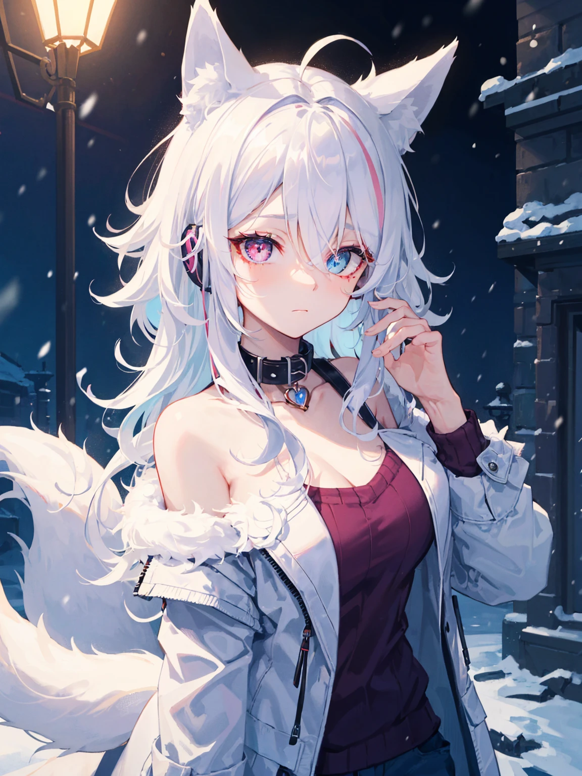 white fox, pink eyes, breasts tattoo, shoulder tattoo, sweater woman, female, furry, night city, glowing eyes, no feelings, long tail, collar, master piece, puppet, bat wing, shy, white earphones, fox tail, top quality, Name Snow, Fox tail, Black tail, transfur fox, 1girl(Snow fox), mature girl, open coat, detailed iris, sparkle eyes, star in eyes, enchanting purple eyes, (multicolored eyes), (shining dust), (heterochromia), (messy hair:1.3), (hair between eyes), (hair over one eye), (wavy hair:1.1)