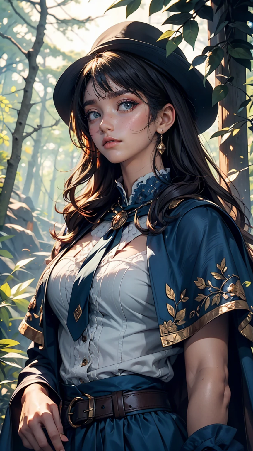 masterpiece, Highest quality, Marianne_Time Skip, Blue clothes, Capelet, Dark alpine forest, Are standing, night, look up, Upper Body, Detailed face 