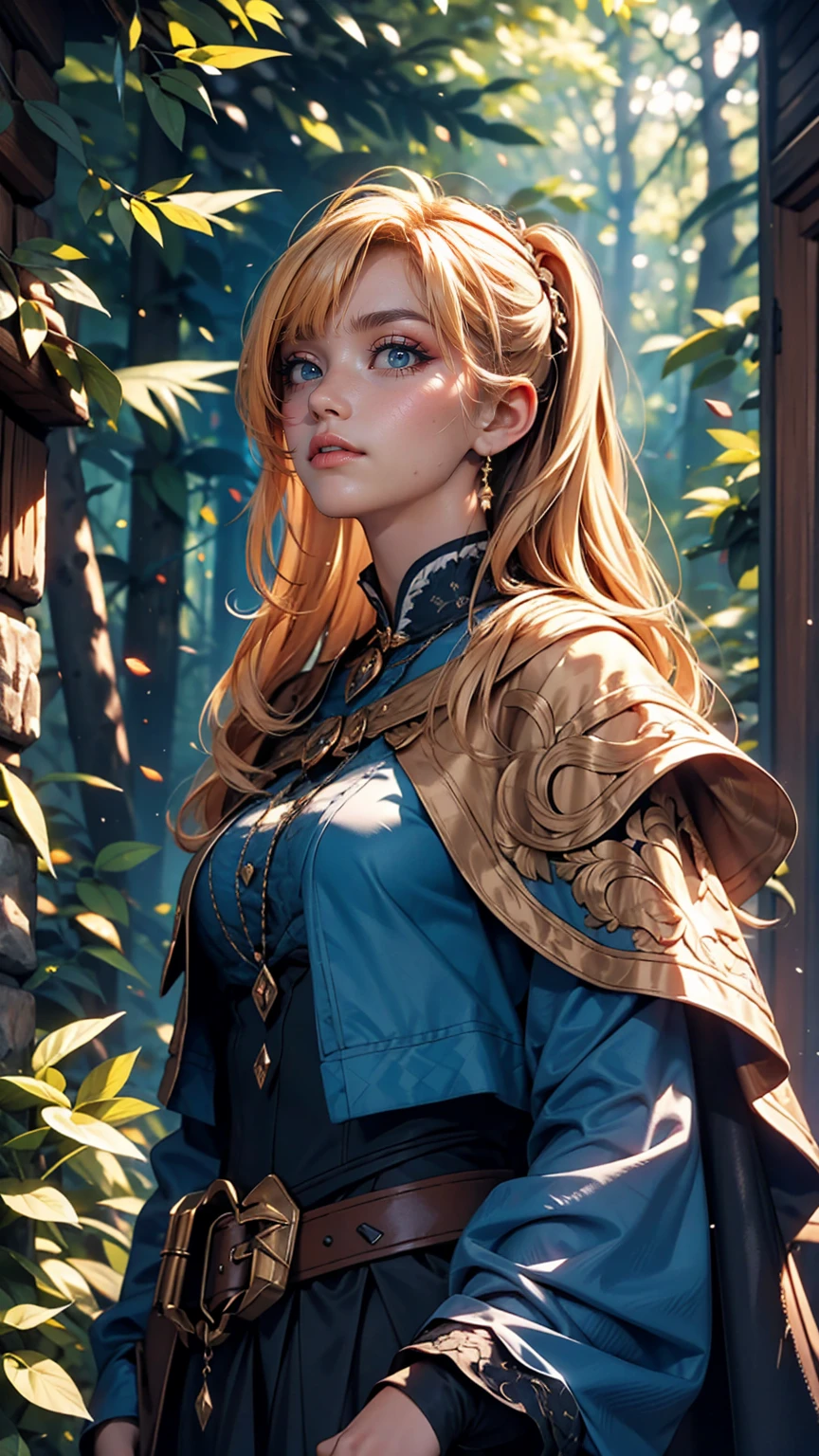 masterpiece, Highest quality, Marianne_Time Skip, Blue clothes, Capelet, Dark alpine forest, Are standing, night, look up, Upper Body, Detailed face 