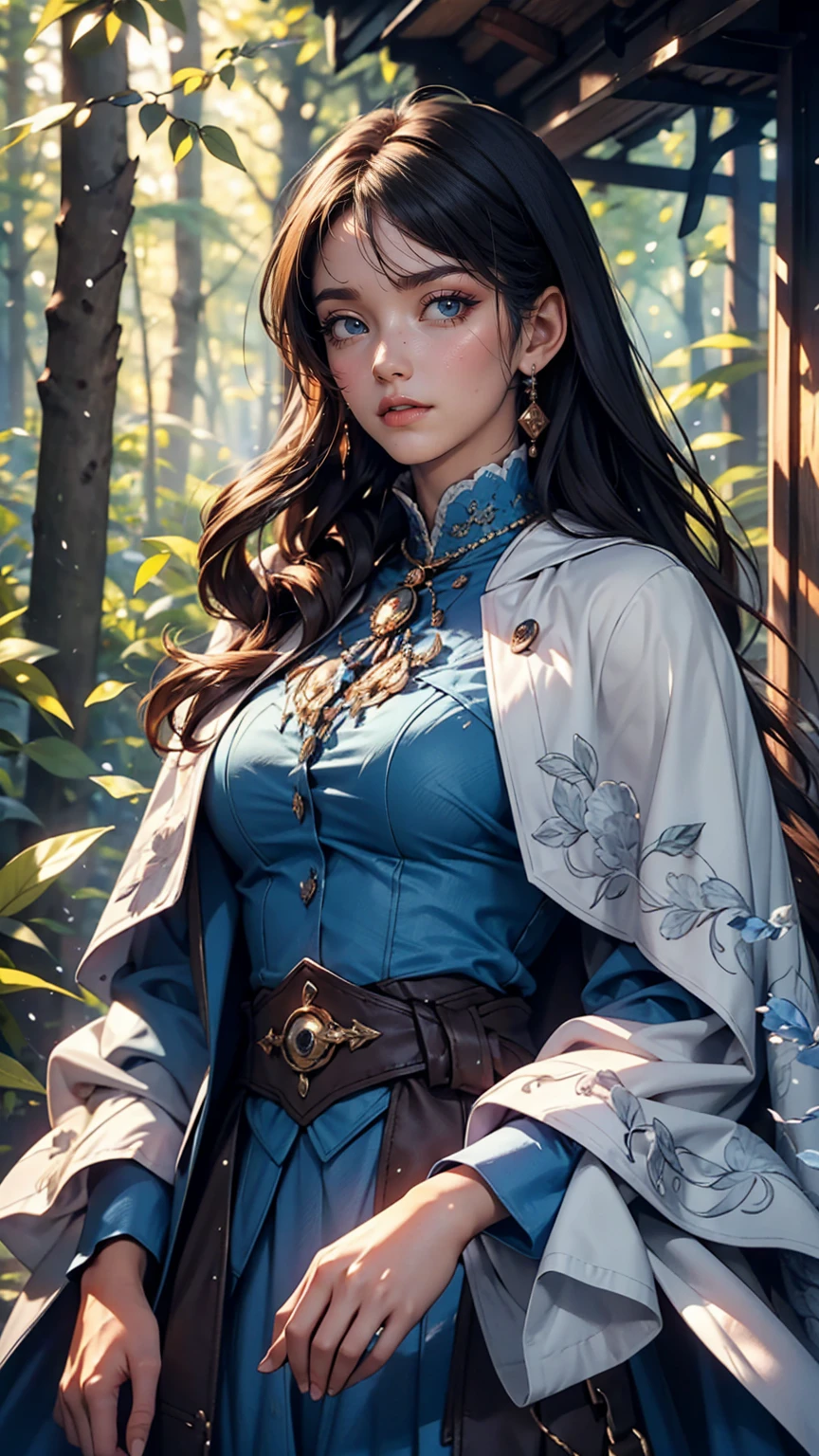 masterpiece, Highest quality, Marianne_Time Skip, Blue clothes, Capelet, Dark alpine forest, Are standing, night, look up, Upper Body, Detailed face 