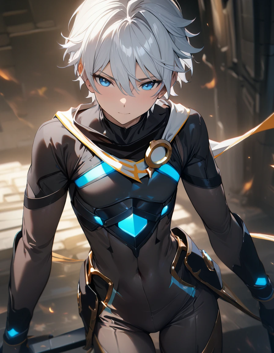 1 male, short hair, white hair, blue eyes, aether clothes, (best quality,4k,highres,masterpiece:1.2), slim body