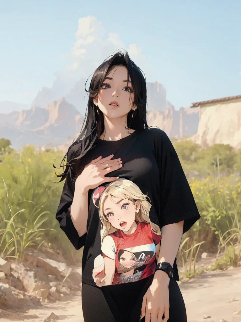 黒いシャツを着た女性。シャツには女の子の絵がプリントされている。, Tシャツ, T シャツ, portait photo プロフィール写真ture, アジアの女の子, プロフィール写真, ルアンかわいいVtuber, 8kマットから, 若い女性, 少女の写真,  私の精神, in Tシャツ, Tシャツ, wearing black Tシャツ