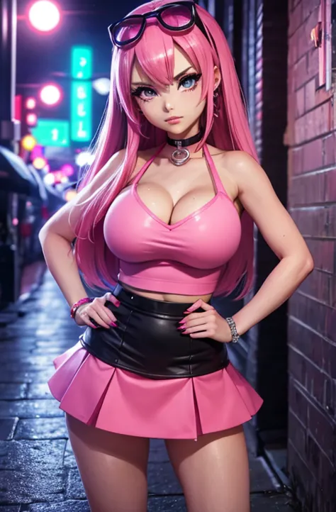 Ecchi chibi Pokemon Barbie girl in miniskirt , colourful clothes, located in nighttime dark alley of town, crying mascara lines,...