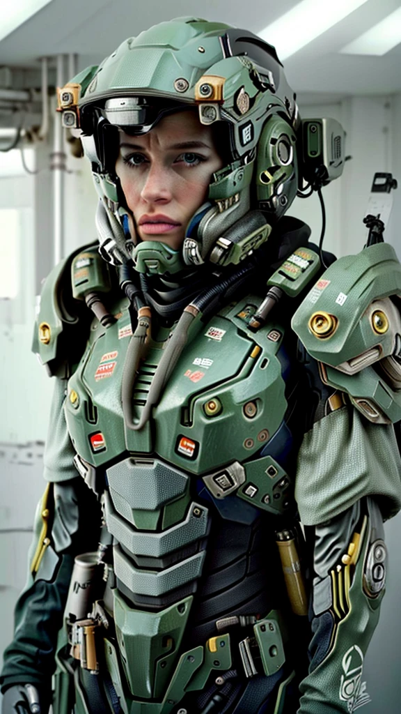 One girl, alone, View your viewers, blue eyes, Upper Body, armor, lips, Helmet, sf, Realistic, cable, cyborg, power armor, cyber punk, tube