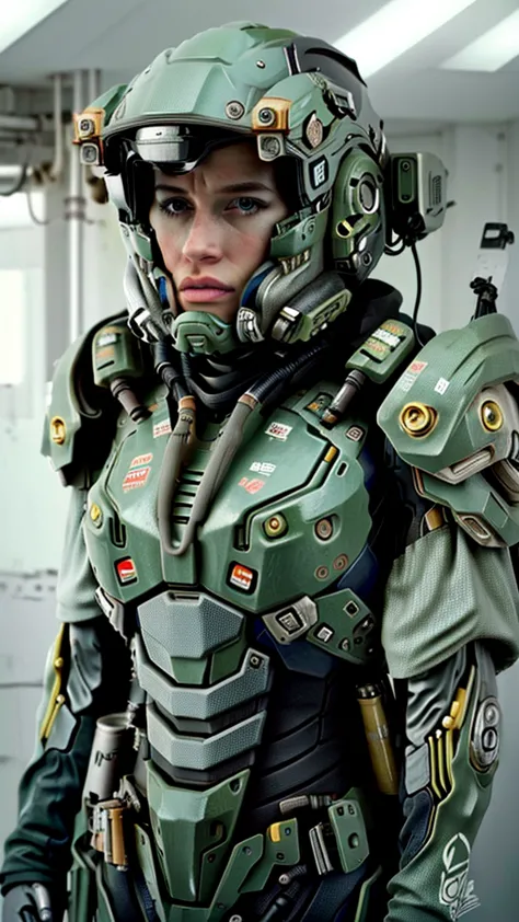 One girl, alone, View your viewers, blue eyes, Upper Body, armor, lips, Helmet, sf, Realistic, cable, cyborg, power armor, cyber...