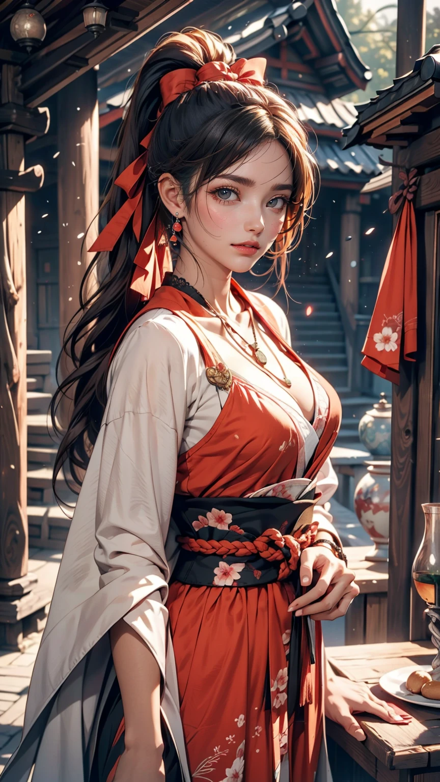 (One girl:1.3),alone,__Body parts__,, Official Art, unity 8k wallpaper, Super detailed, beautiful and aesthetic, beautiful, masterpiece, Highest quality,A fantastic atmosphere, Calm palette, Calm mood, Soft Shading,, Shrine maiden, incantation, Amulet Familiar, Shrine maidenの務め, 2 female、Sexy proportions、Sexy breasts、Narrow waist、Long eyelashes、Side Ponytail((side ponytail))、hair band((hair ribbon))、Red hair、Textured skin((textured skin))、smile