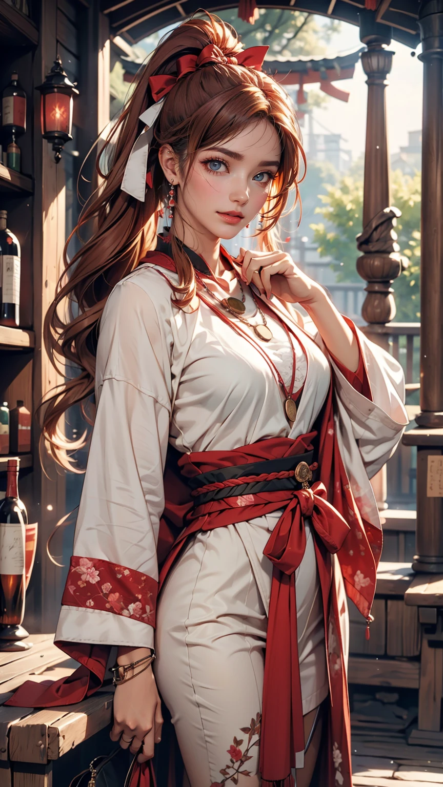 (One girl:1.3),alone,__Body parts__,, Official Art, unity 8k wallpaper, Super detailed, beautiful and aesthetic, beautiful, masterpiece, Highest quality,A fantastic atmosphere, Calm palette, Calm mood, Soft Shading,, Shrine maiden, incantation, Amulet Familiar, Shrine maidenの務め, 24-year-old female、Sexy proportions、Sexy breasts、Narrow waist、Long eyelashes、Side Ponytail((side ponytail))、hair band((hair ribbon))、Red hair、Textured skin((textured skin))、smile