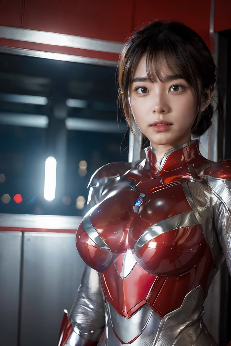 Ultraman、realistic、realistic、cinematic lighting, Girl in a shiny red and silver suit、15 years old、professional photos、Don&#39;Do not expose your skin, japanese model, japanese cgi、Ultraman Suit、, Power Rangers Suit、tight and thin cyber suit,Whole body rubbery、There&#39;s pink There、 delicate body, big breasts、small ass、thin thighs、thin arms、thin waist、camel toe、Both sides of the cyber suit stick to the skin、Big eyes、black short hair、facing the front、facing the front立っている、A glowing sphere is embedded in the chest.、Essay Examination、 blue sky background