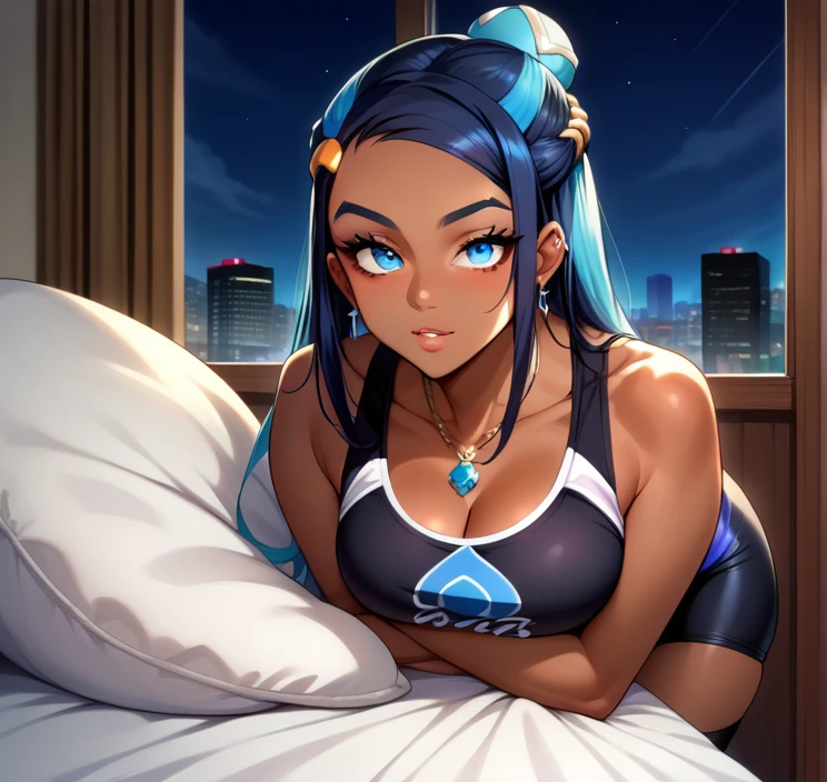 score_9, score_8_up,score_7_up, source_anime, 1girl, solo, EPpkNessa, blue eyes, black hair, blue hair, streaked hair, single hair bun, dark skin, dark-skinned female, necklace, ear piercing, black sports bra,leggings,bedroom, at a dark room, at night , city view from the window, gyaru,