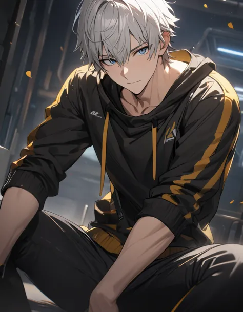 1 male, short hair, white hair, blue eyes, caelus outfit, (best quality,4k,highres,masterpiece:1.2), slightly muscular