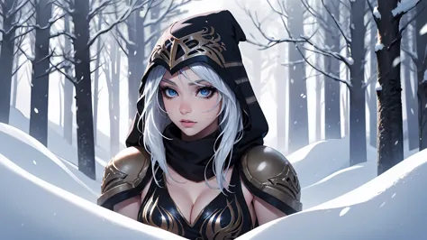 league of legends Ashe, warrior, (masterpiece, best quality), beautiful woman, outdoor snowy forest of pine trees, snow storm, l...