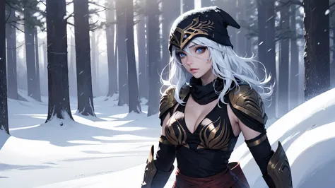 league of legends ashe, warrior, (masterpiece, best quality), beautiful woman, outdoor snowy forest of pine trees, snow storm, l...