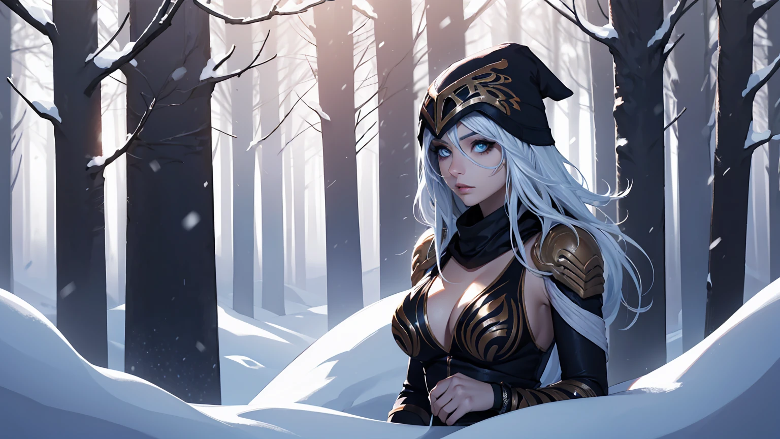 league of legends Ashe, warrior, (masterpiece, best quality), beautiful woman, outdoor snowy forest of pine trees, snow storm, low invisibility, perfect face, beautiful face, serious look, perfect slim fit body, hoding a bow, (standing), abstract background, bright colors, medium breasts, (solo), sexy