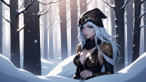 league of legends Ashe, warrior, (masterpiece, best quality), beautiful woman, outdoor snowy forest of pine trees, snow storm, l...