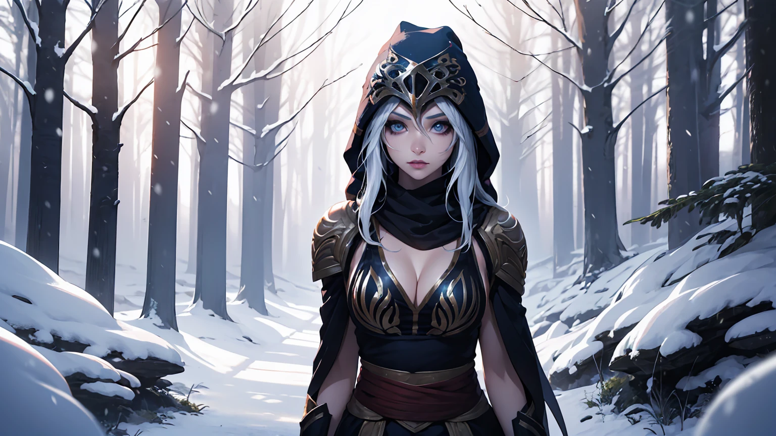 League of Legends Ashe, guerrero, (obra maestra, mejor calidad), Mujer hermosa, bosque nevado al aire libre de pinos, tormenta de nieve, baja invisibilidad, cara perfecta, Hermoso rostro, mirada seria, cuerpo perfecto y delgado, guardando un arco, (de pie), fondo abstracto, Colores brillantes, pechos medianos, (solo), sexy