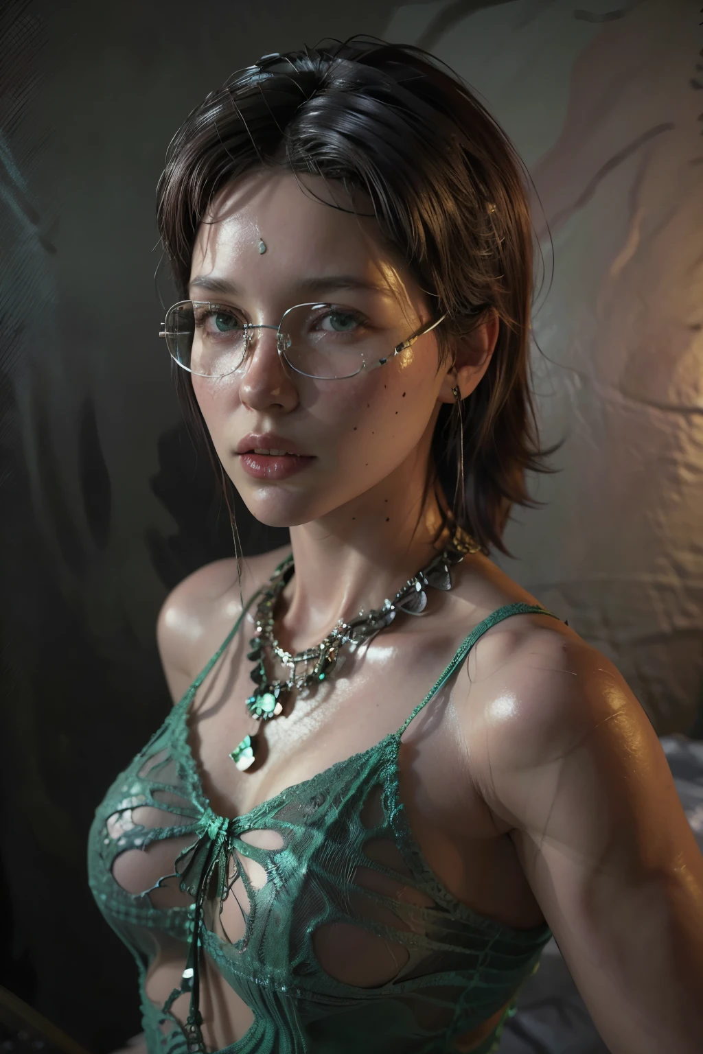 hot girl, Wine-colored hair, green eyes, metal frame glasses, nurse 15 years. ((elegance. gradient. photorealism. Unreal engine. 3D model. Ultra high quality textures. high detail. permission 8k))