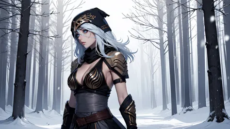 league of legends Ashe, warrior, (masterpiece, best quality), beautiful woman, outdoor snowy forest of pine trees, snow storm, l...