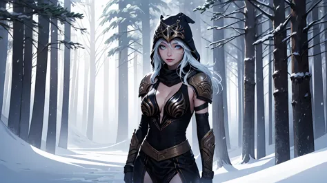 league of legends ashe, warrior, (masterpiece, best quality), beautiful woman, outdoor snowy forest of pine trees, snow storm, l...