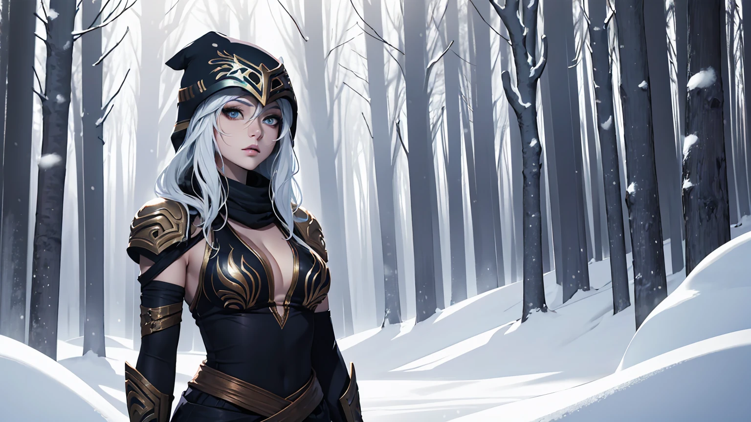 League of Legends Ashe, guerrero, (obra maestra, mejor calidad), Mujer hermosa, bosque nevado al aire libre de pinos, tormenta de nieve, baja invisibilidad, cara perfecta, Hermoso rostro, mirada seria, cuerpo perfecto y delgado, guardando un arco, (de pie), fondo abstracto, Colores brillantes, pechos medianos, (solo), sexy