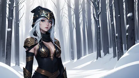 league of legends ashe, warrior, (masterpiece, best quality), beautiful woman, outdoor snowy forest of pine trees, snow storm, l...