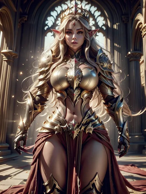 realistic image cinematic shadows. in the courtyard realm. elf queen's body with crown, illuminated face, hips, toned, gypsy war...