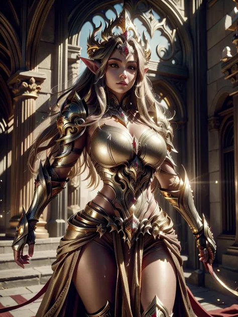 realistic image cinematic shadows. in the courtyard realm. elf queen's body with crown, illuminated face, hips, toned, gypsy war...