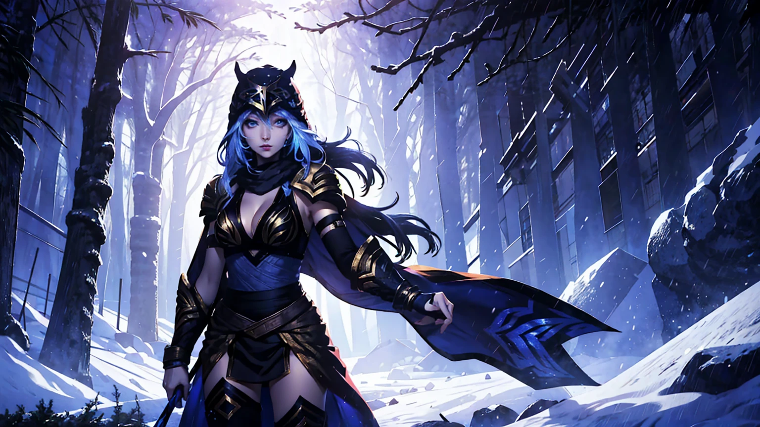 league of legends Ashe, warrior, (masterpiece, best quality), beautiful woman, outdoor snowy forest of pine trees, snow storm, low invisibility, perfect face, beautiful face, serious look, perfect slim fit body, hoding a bow, (standing), abstract background, bright colors, medium breasts, (solo), sexy