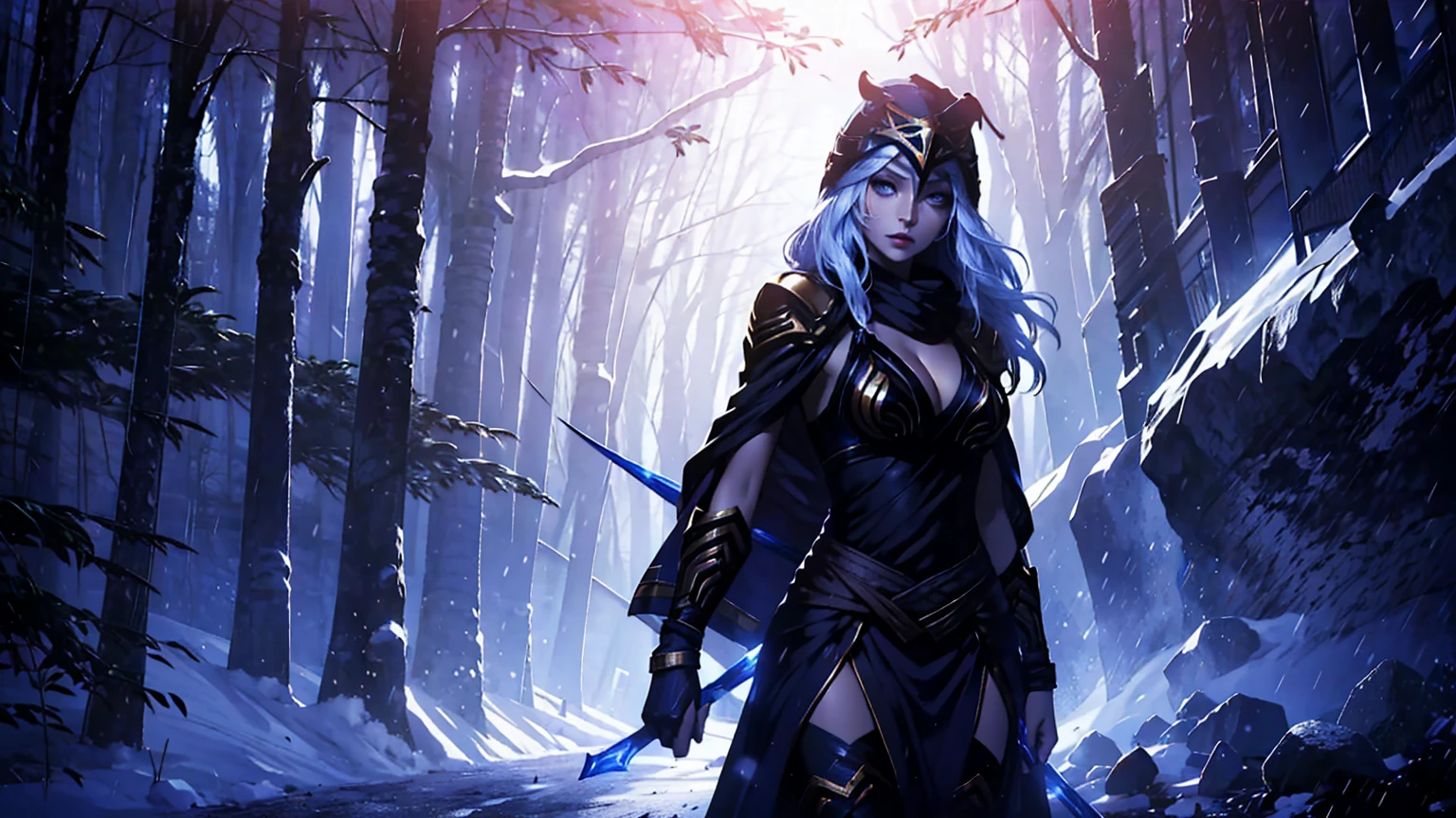 league of legends Ashe, warrior, (masterpiece, best quality), beautiful woman, outdoor snowy forest of pine trees, snow storm, low invisibility, perfect face, beautiful face, serious look, perfect slim fit body, hoding a bow, (standing), abstract background, bright colors, medium breasts, (solo), sexy