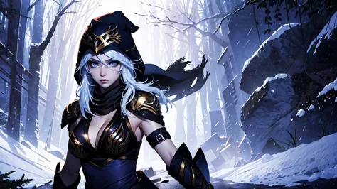 league of legends ashe, warrior, (masterpiece, best quality), beautiful woman, outdoor snowy forest of pine trees, snow storm, l...