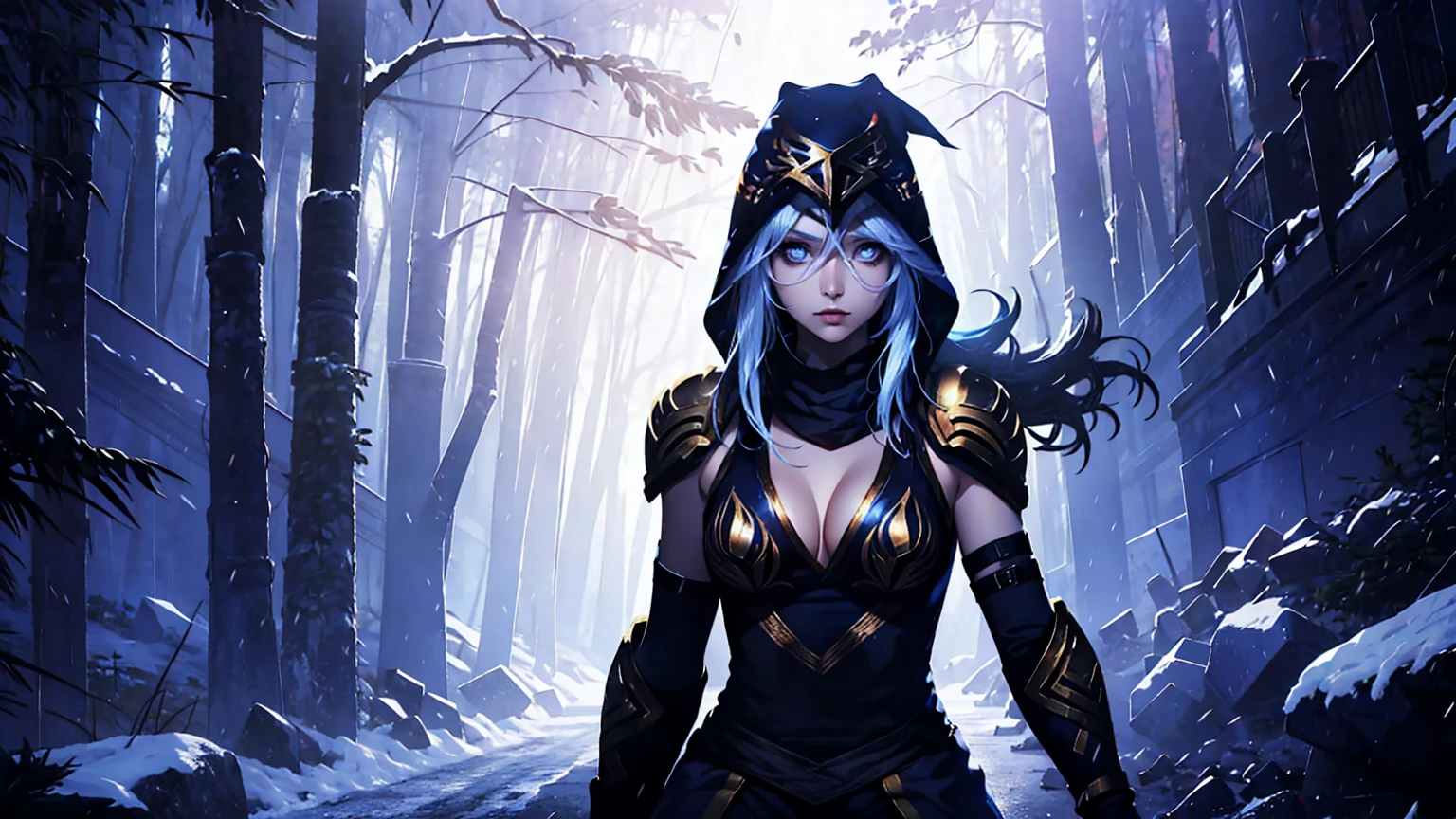 League of Legends Ashe, guerrero, (obra maestra, mejor calidad), Mujer hermosa, bosque nevado al aire libre de pinos, tormenta de nieve, baja invisibilidad, cara perfecta, Hermoso rostro, mirada seria, cuerpo perfecto y delgado, guardando un arco, (de pie), fondo abstracto, Colores brillantes, pechos medianos, (solo), sexy