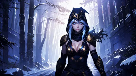 league of legends Ashe, warrior, (masterpiece, best quality), beautiful woman, outdoor snowy forest of pine trees, snow storm, l...