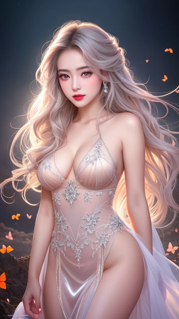 High quality work，Realistic works，Extremely premium graphics，8K HD CG ทำงาน，High quality graphics，High-resolution and exquisite CG work，10x pixels，Very detailed details：1.1，Advanced technical details：1.1Realistic photo effects，light effectภายใน：1.5，Soft, natural light：1.5. light effect（light effectเสมือนจริง：1.8），Ultra high resolution，shining dress，long shiny hair，silver hair，Transparent Hair，Highly detailed hair（Quality hair details：1.1）clear eyes，Double eyelids look good.，Sharp eye makeup, Create beautiful eyelashes., Thin eyebrows, Highly detailed eyes，high nose, cute red lips, rosy cheeks, With delicate makeup on her face , beautiful face, The face shape is perfectly proportioned.,（Advanced facial details：1.1） nsfw masterpiece photography that captures the essence of a dream experienced by a stunning Caucasian woman., A perfectly detailed face., realistic pores, sharp eyes, (Slippery nipples), revealing dress, She was shrouded in smoke that transformed into surreal butterflies around her., in a dream, She finds herself in a magical landscape filled with bright colors and surreal elements., The atmosphere is dreamy and ethereal., with soft lighting illuminating the scene, Young women are seen as confident and glowing., Surrounded by symbols of her inspiration and inner strength., The overall mood of the image should create a sense of wonder., empowerment, and limitless possibilities, Complex lighting, Rim lights, (wind:1.3), ，professional pose,women&#39;s artwork，Full body dress ，realism，Amazing cleavage，Today my eyes are very bright.,