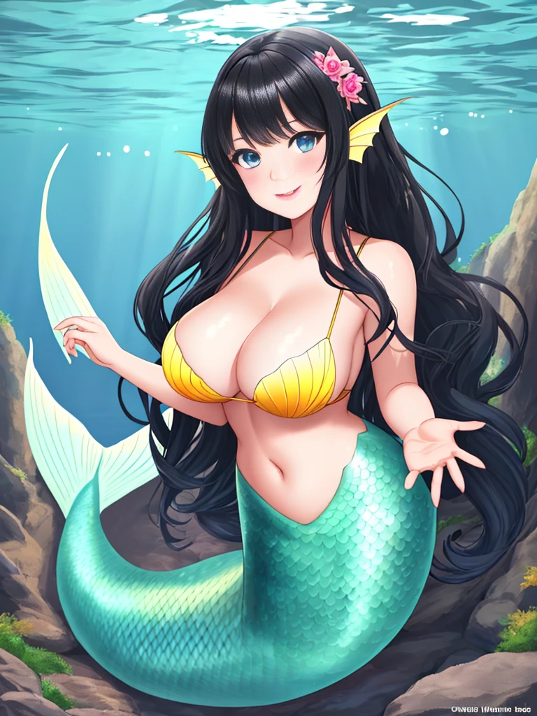 1girl, dark girl, mermaid, long hair, black hair, blue eyes, red lips, pink eyeshadow, light smile, blush, happy face, full body, large breasts, mature female, underwater, yellow mermaid tail,