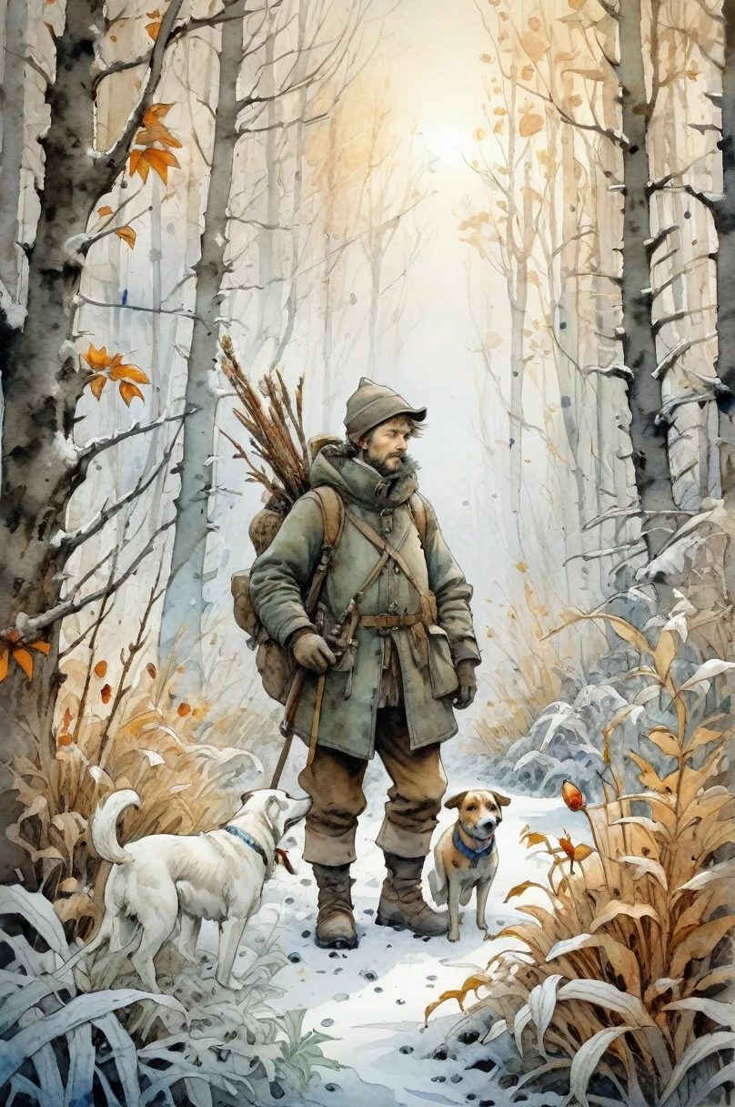 Ultra HD detailed painting of frost and snow, Hunter with dog, pearly sunlight, autumn forest, among thickets of plants, by Jean-Baptiste Monge, watercolor and ink, intricate details, fantasy, beautiful, fantasy, flowers, memories, nature, thickets, perfect composition, watercolor sketch in artistic style, large strokes, finalized with ink, fine lines