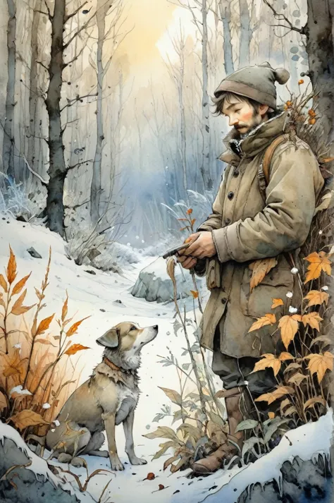 ultra hd detailed painting of frost and snow, hunter with dog, pearly sunlight, autumn forest, among thickets of plants, by jean...