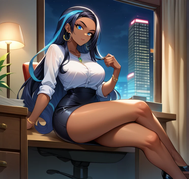 score_9, score_8_up,score_7_up, source_anime, 1girl, solo, EPpkNessa, blue eyes, black hair, blue hair, streaked hair,, dark skin, dark-skinned female, necklace, ear piercing,bottonup shirt,high-waist skirt,pantyhoes,heels,office, at a dark room, at night , city view from the window, gyaru,Very Long Hair, Hair Spread Out, 