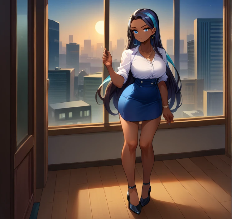 score_9, score_8_up,score_7_up, source_anime, 1girl, solo, EPpkNessa, blue eyes, black hair, blue hair, streaked hair,, dark skin, dark-skinned female, necklace, ear piercing,bottonup shirt,high-waist skirt,pantyhoes,heels,office, at a dark room, at night , city view from the window, gyaru,Very Long Hair, Hair Spread Out, 