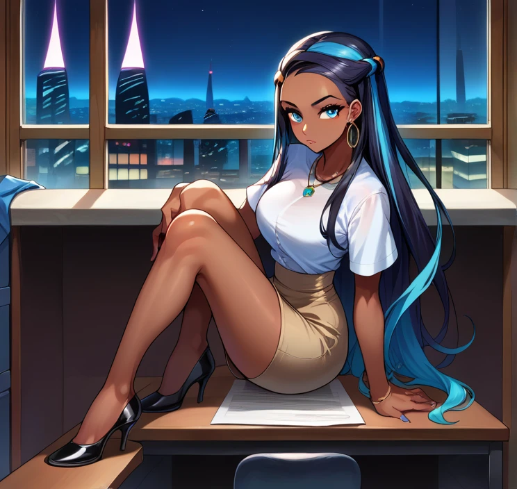 score_9, score_8_up,score_7_up, source_anime, 1girl, solo, EPpkNessa, blue eyes, black hair, blue hair, streaked hair,, dark skin, dark-skinned female, necklace, ear piercing,bottonup shirt,high-waist skirt,pantyhoes,heels,office, at a dark room, at night , city view from the window, gyaru,Very Long Hair, Hair Spread Out, 