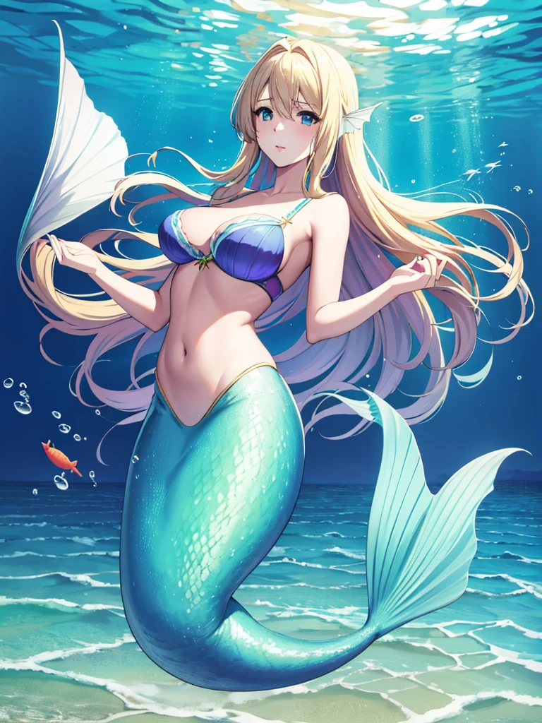 violet evergarden, mermaid, underwater sea, coral, fish, masterpiece, best quality, 1girl, solo, blonde hair, long hair blue eyes, large breasts, bra, looking at viewer, green mermaid tail,