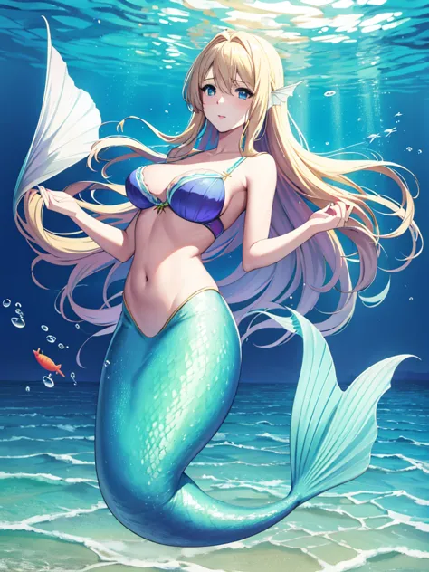 violet evergarden, mermaid, underwater sea, coral, fish, masterpiece, best quality, 1girl, solo, blonde hair, long hair blue eye...