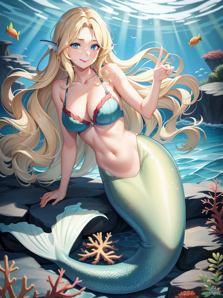 1mermaid, blonde hair, long hair, wavy hair, blue eyes, red lips, smile, blush, large breasts, bra, underwater sea, fish, coral, green mermaid, mermaid tail, 